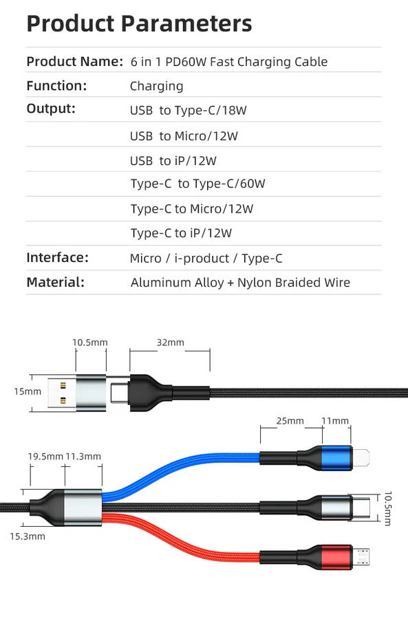 6 in 1 USB A or C to Micro USB, USB C, IOS Cable Fast Charging PD60W 1.2m Nylon Braided (Black)