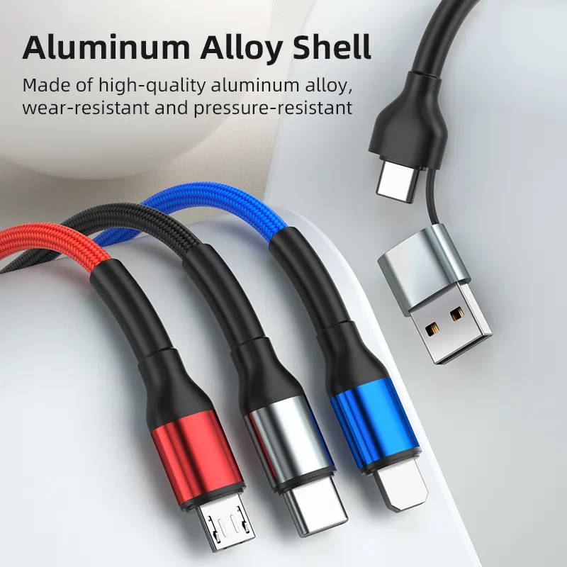 6 in 1 USB A or C to Micro USB, USB C, IOS Cable Fast Charging PD60W 1.2m Nylon Braided (Black)