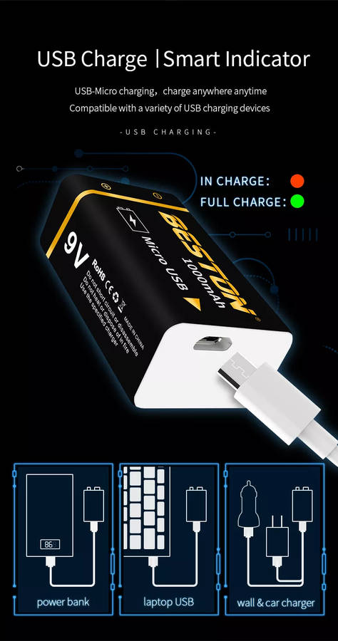 BESTON 9V Micro USB Rechargeable Lithium Battery | 9V | 400mAh | 1 Pack