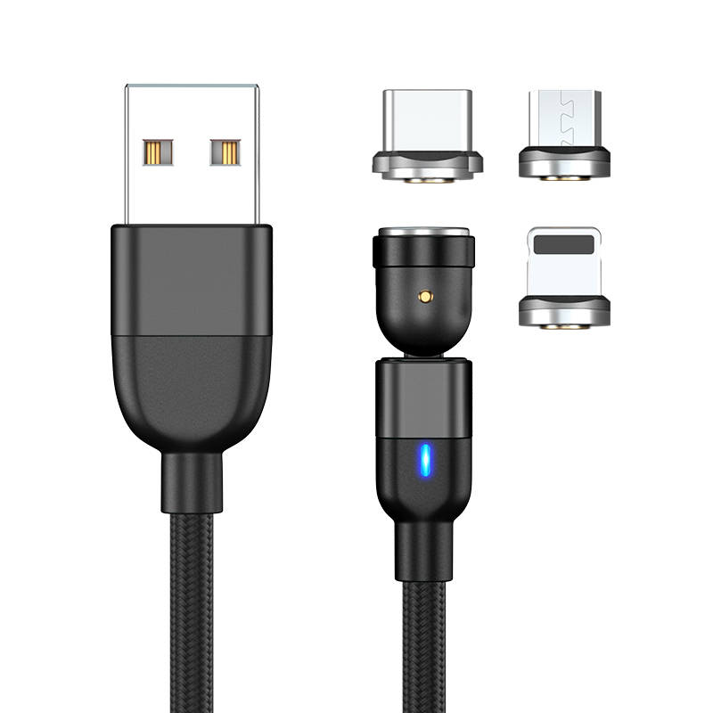 3 in 1 Magnetic Cable 3A Data Fast Charging 540 Rotatable 2m Micro, USB C, IOS Nylon Braided (Black)