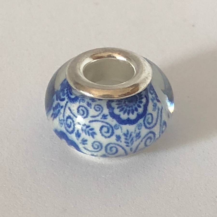 Bead Fitting Pandora Murano-Type Clear White & Blue Delft Design