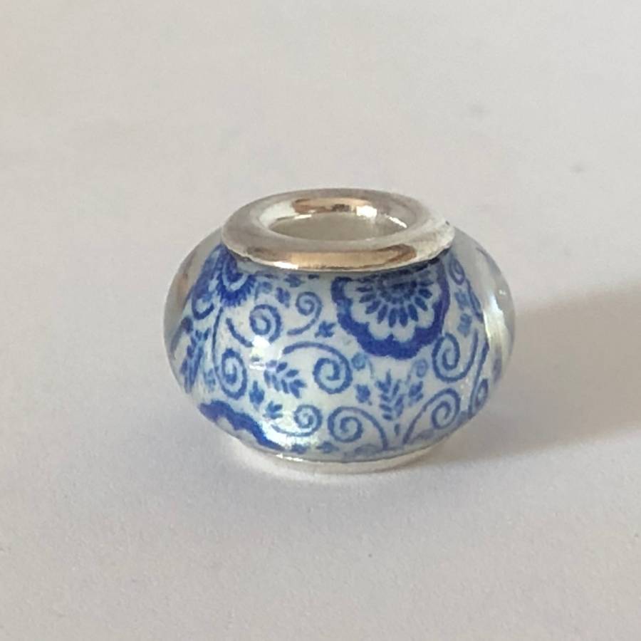Bead Fitting Pandora Murano-Type Clear White & Blue Delft Design