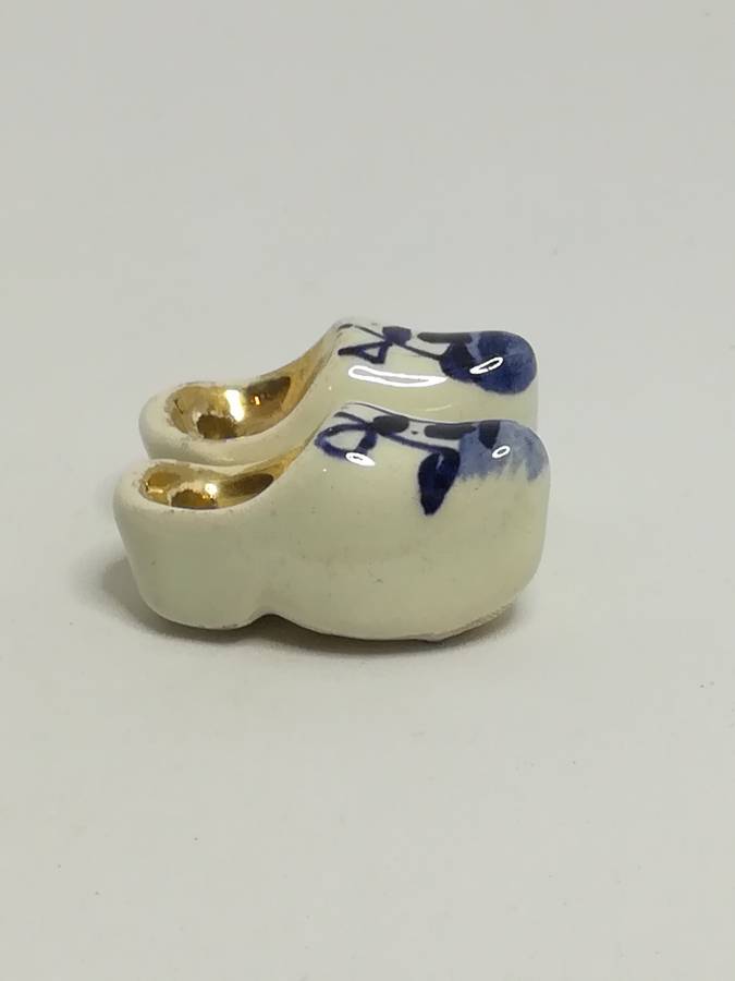Miniature Pair White Dutch Clogs with Blue Design & Golden Inners (Miniature, suitable for printe...