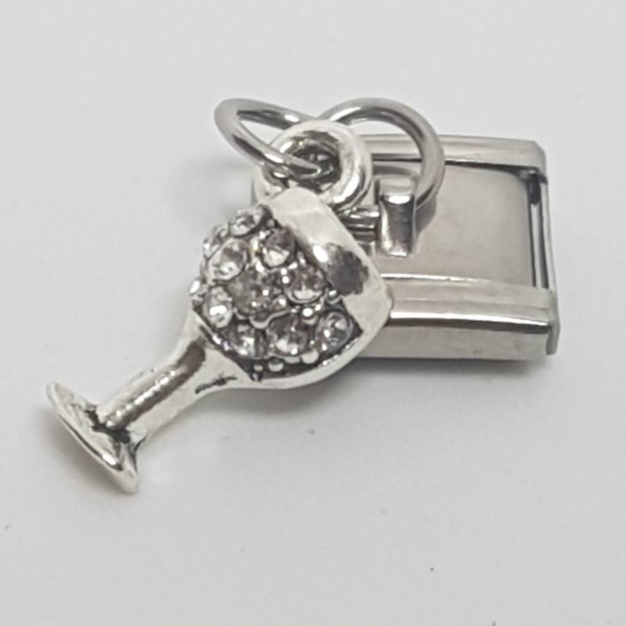 Italian Charm Dangle Champagne Glass 'Silver' Diamante (Fits Nomination Bracelet)