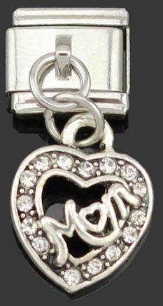 Italian Charm Dangle Rhinestone Heart 'Mom' Diamante (Fits Nomination Bracelet)