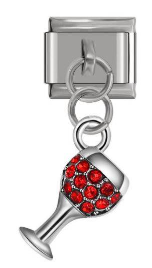 Italian Charm Diamante Red Wine Glass 'Silver' Dangle (Fits Nomination Bracelet)
