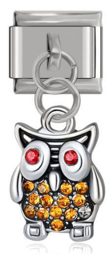 Owl (Red and Orange Diamante) 'Silver' Dangle Italian Charm (Fits Nomination Bracelet)