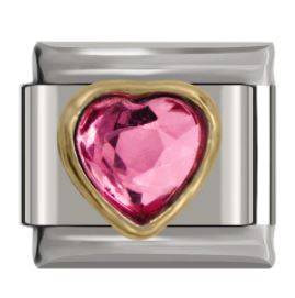 Pink Diamante Heart Encased in 'Gold' Outline 'Silver' Italian Charm (Fits Nomination Bracelet)