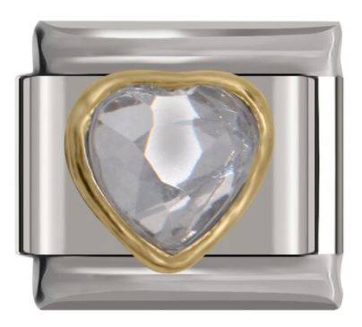 Clear Diamante Heart Encased in 'Gold' Outline 'Silver' Italian Charm (Fits Nomination Bracelet)