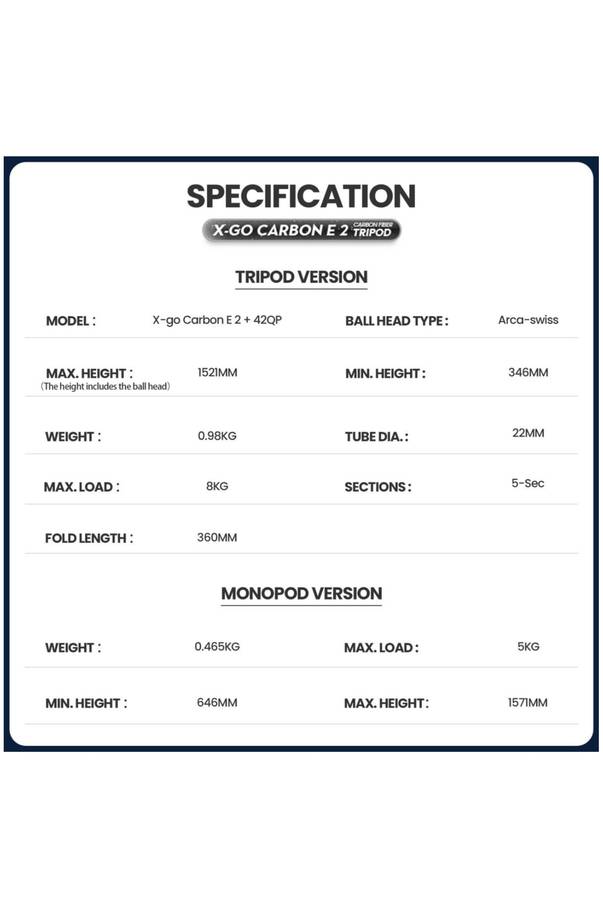 Fotopro Professional Lightweight Camera Tripod Stand - X-GO CARBON E+42QP