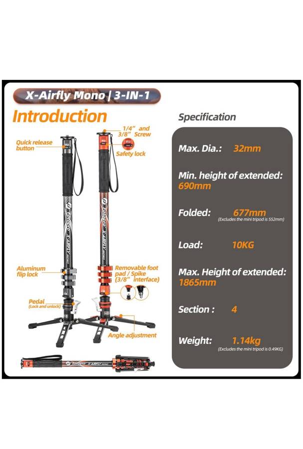 Fotopro x-Airfly Mono Multifunctional Portable Camera Monopod/ Tripod Stand
