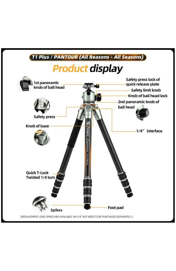 Fotopro Lightweight All Terrain Camera Tripod Stand - (T1 Plus+T-Bar+TH-1M)