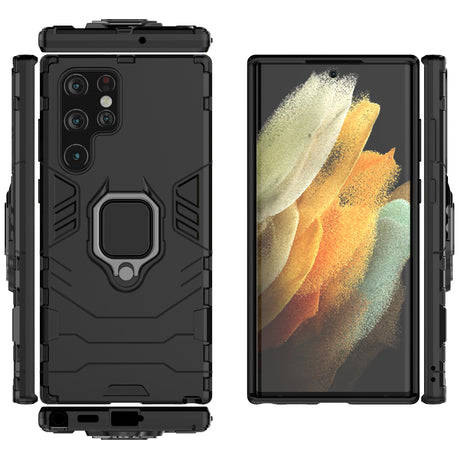Shockproof Black Panther Magnetic Ring Stand Cover for Galaxy S22 Ultra