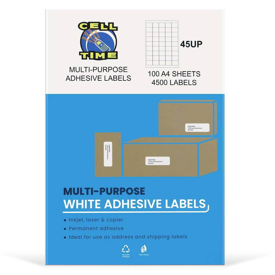 CellTime 45 UP A4 Self Adhesive Labels - 100 Sheets (39.2mm x 29.88mm)