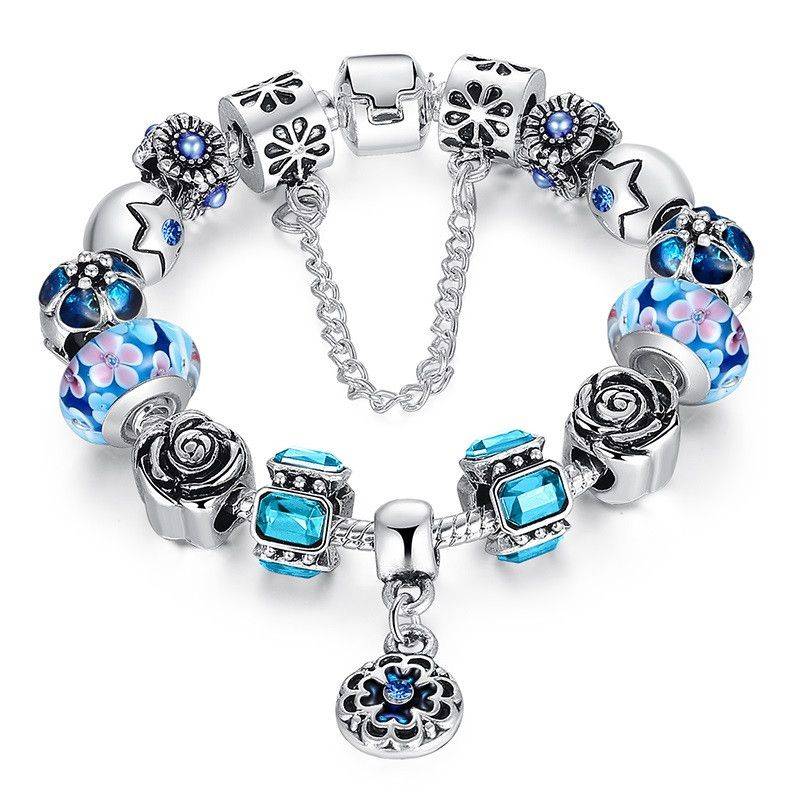 European Style 925 Silver Bracelet With Handmade Flower Charm Murano Bead - Blue - 20cm