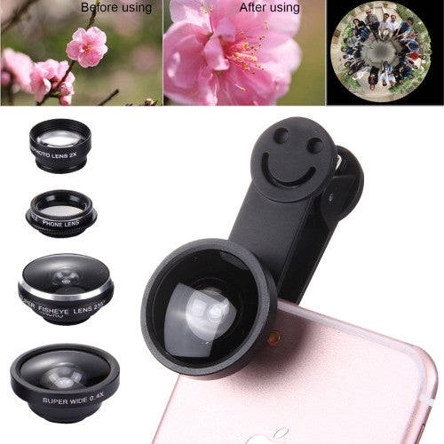 5 in 1 Universal 0.4X Super Wide Angle Lens + 235 Degrees Fisheye Lens & 19X Macro + Telephoto Le...
