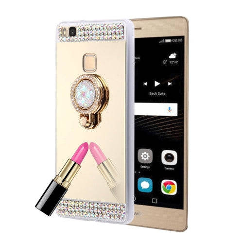 Huawei P9 Lite Diamond Encrusted Electroplating Mirror Protective Cover Case with Hidden Ring Hol...