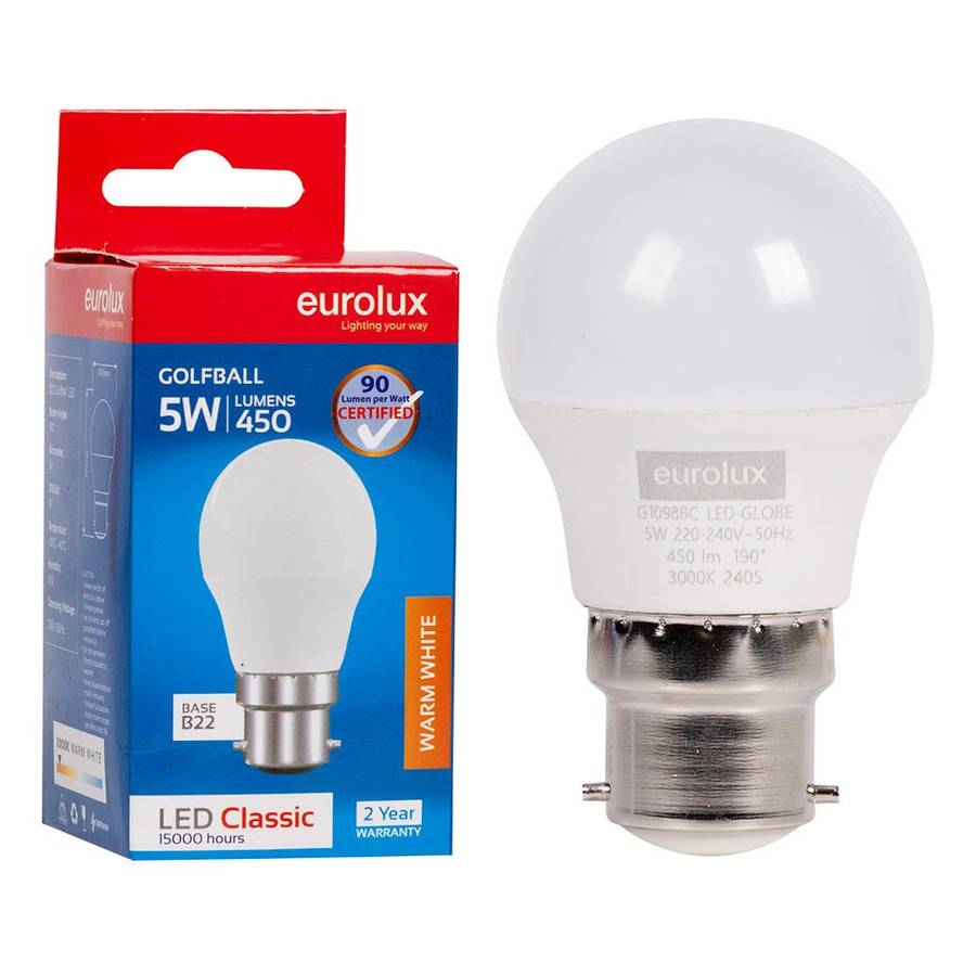 5W Golfball LED Bulb  B22, 3000K Warm White