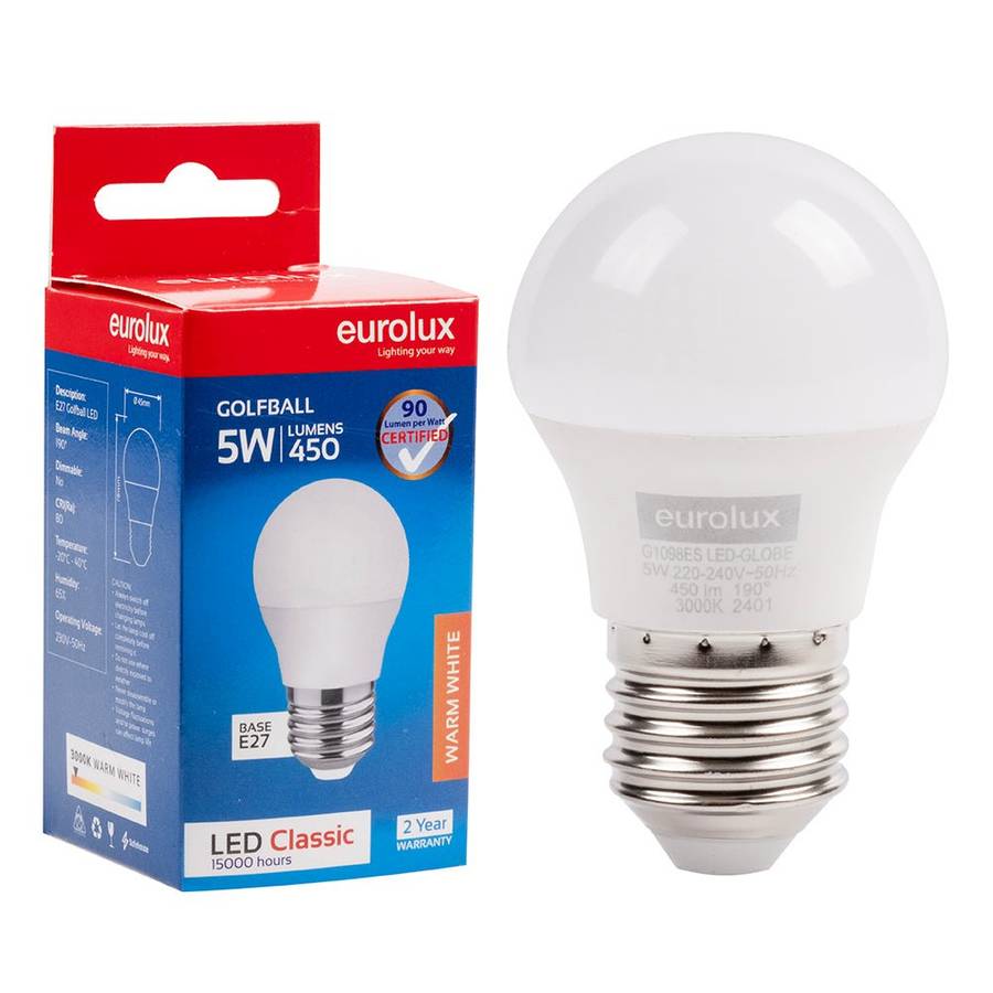5W White Golf Ball LED Bulb  E27, 3000K Warm White
