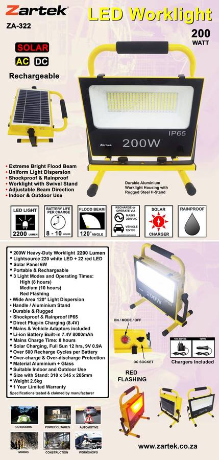 200W Solar & Rechargeable Portable Worklight