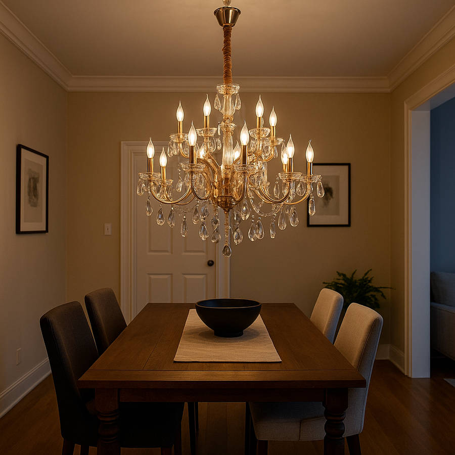 15 Light Iron, Glass & Crystal Chandelier