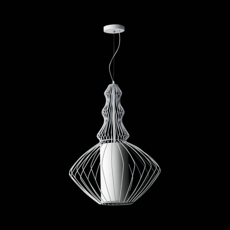 White Wide Wire Metal Pendant Light - Fabric Shade