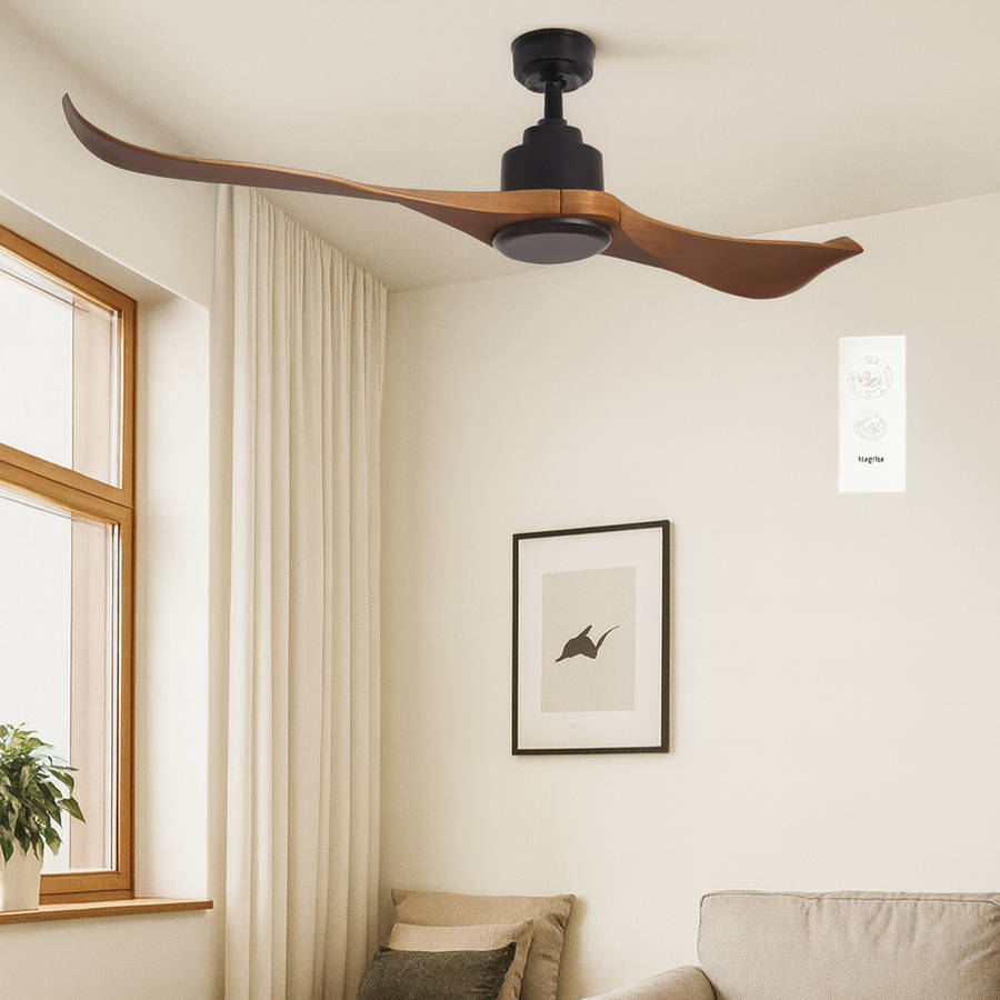 Ceiling Fan - 2 Blade Matt Black Body / Wood Finish Blades