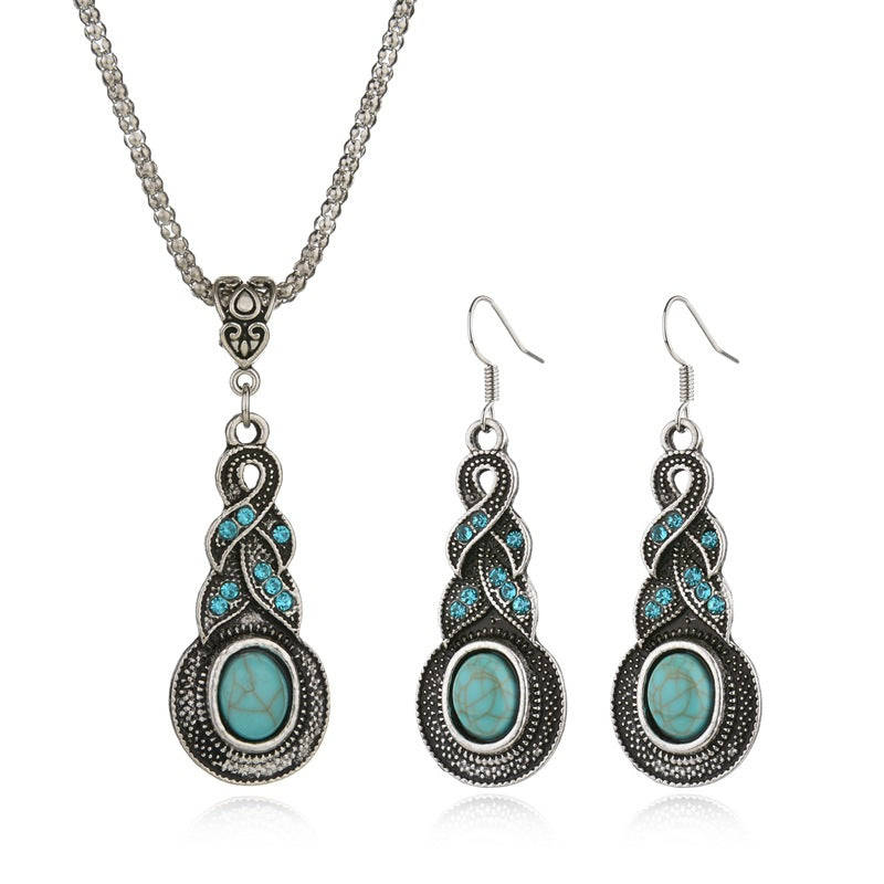 Tibetan Silver CZ Crystal Chain Pendant Necklace Earrings Set