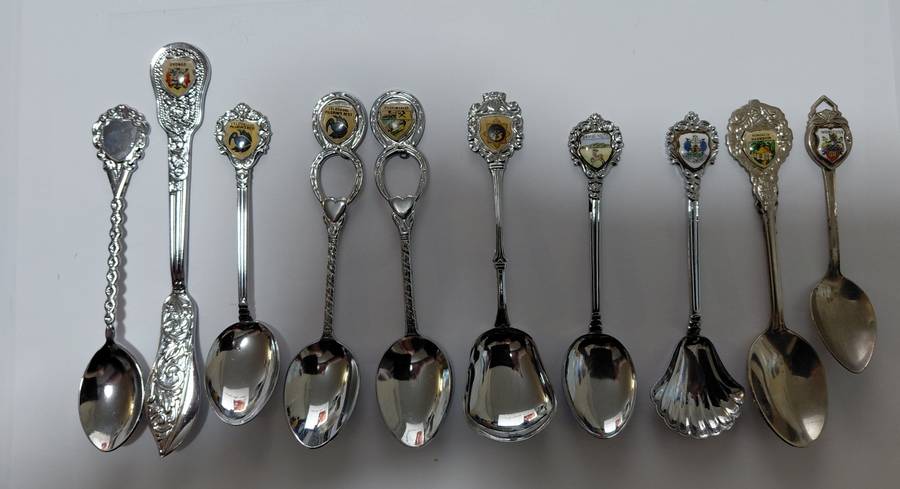 Souvenir Teaspoon & Butter Knife Collection - 9 Crested Spoons Plus 1 Butter Knife