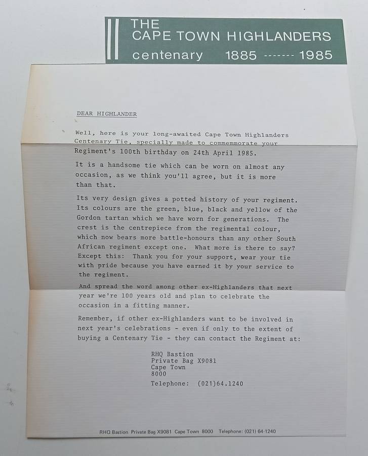 The Cape Town Highlanders, 1885-1985 (With Loosely Inserted Letter and Errata Slip) | Neil Orpen