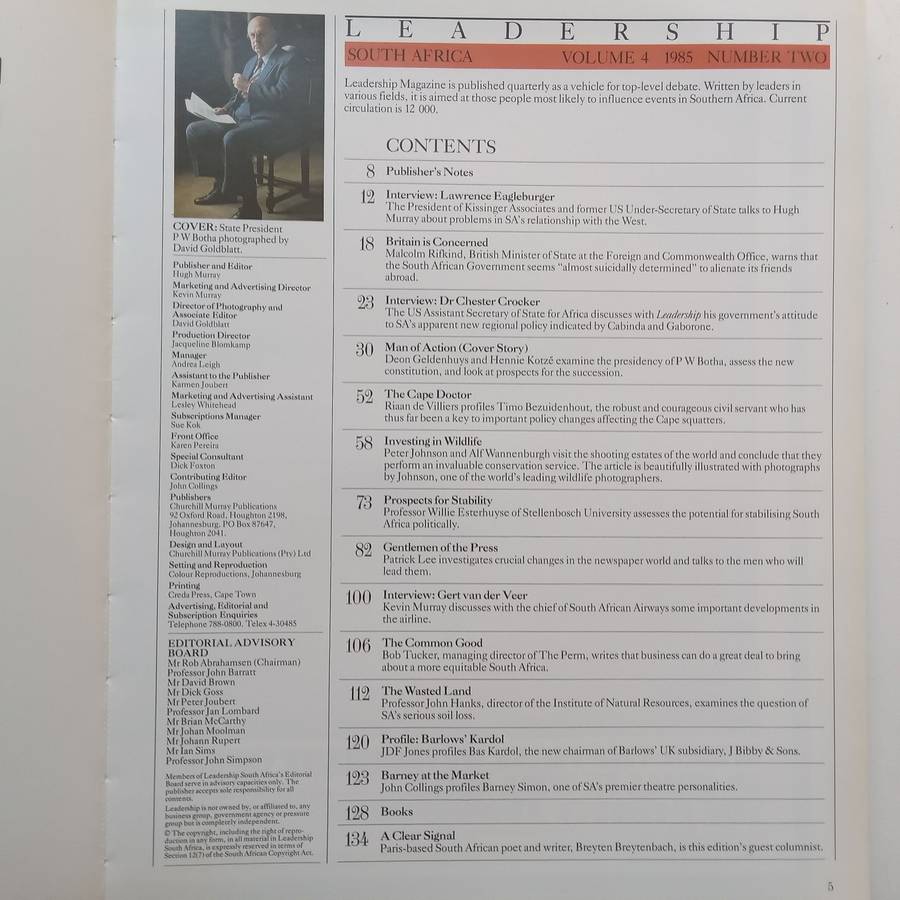 Leadership SA (Volume 4, No. 2, 1985, with PW Botha Cover Story)