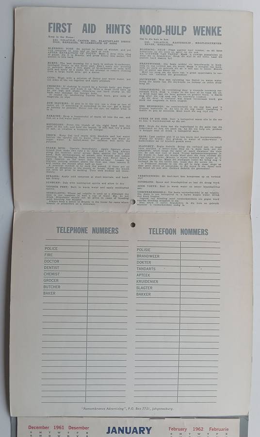The Yeoville Pharmacy 1962 Calender (With Recipes and First Aid Hints and Useful Tips)