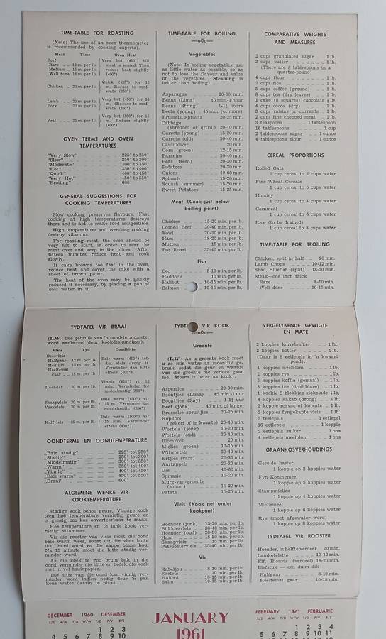 The Yeoville Pharmacy 1961 Calender (With Recipes and First Aid Hints and Useful Tips)