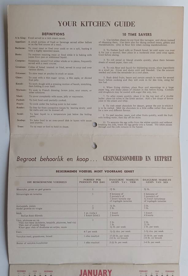 The Yeoville Pharmacy 1960 Calender (With Recipes and First Aid Hints and Useful Tips)