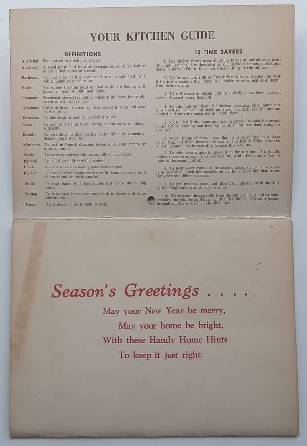 The Yeoville Pharmacy 1960 Calender (With Recipes and First Aid Hints and Useful Tips)