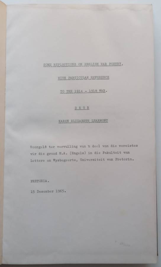Some Reflections on English War Poetry, with Particular Reference to the 1914-1918 War (Inscribed...