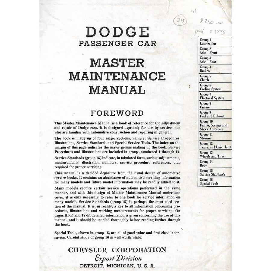 Dodge Passenger Car Master Maintenance Manual (Post c.1935 Publication)