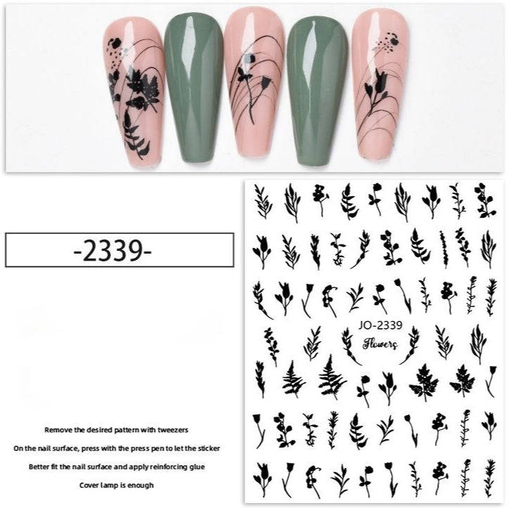 Nail Sticker - 2339 - Black Flower Leaf