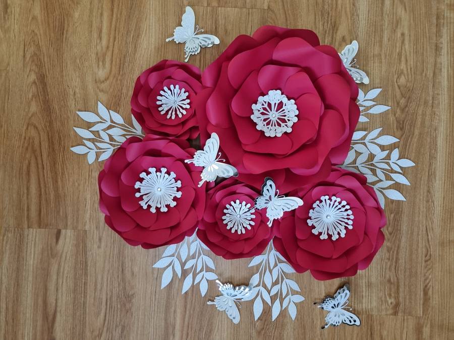 DO IT YOURSELF SET OF 5 PAPER FLOWERS WITH PAPER BUTTERFLIES AND LEAVES RED AND SILVER, Nursery p...