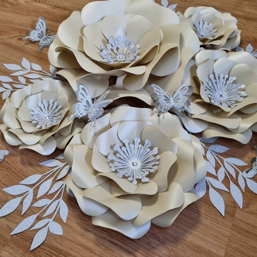 DO IT YOURSELF SET OF 5 PAPER FLOWERS WITH PAPER BUTTERFLIES AND LEAVES CREAM AND SILVER, Nursery...
