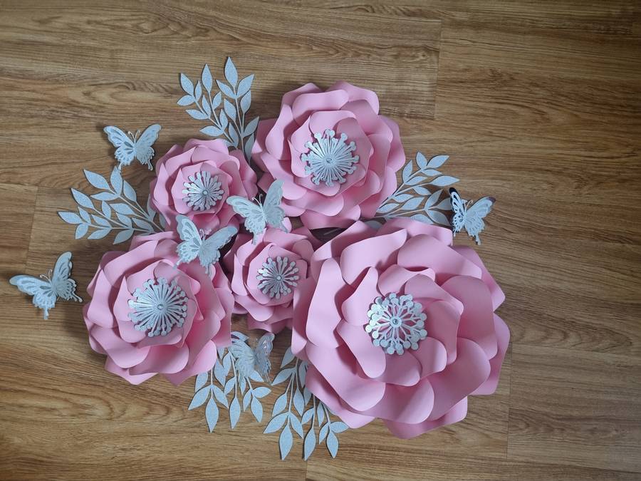 DO IT YOURSELF SET OF 5 PAPER FLOWERS WITH PAPER BUTTERFLIES AND LEAVES PINK AND SILVER, Nursery ...