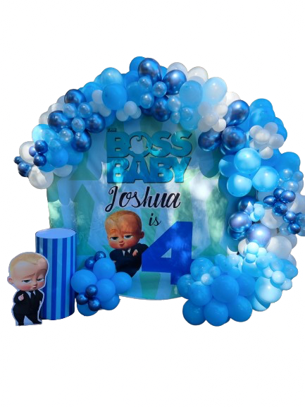 BOSS BABY PARTY DECOR Round Backdrop Balloon Garland, Plinth and Character Cutout