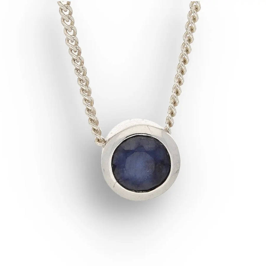 Sterling Silver Bezel Set Sapphire Solitaire Necklace