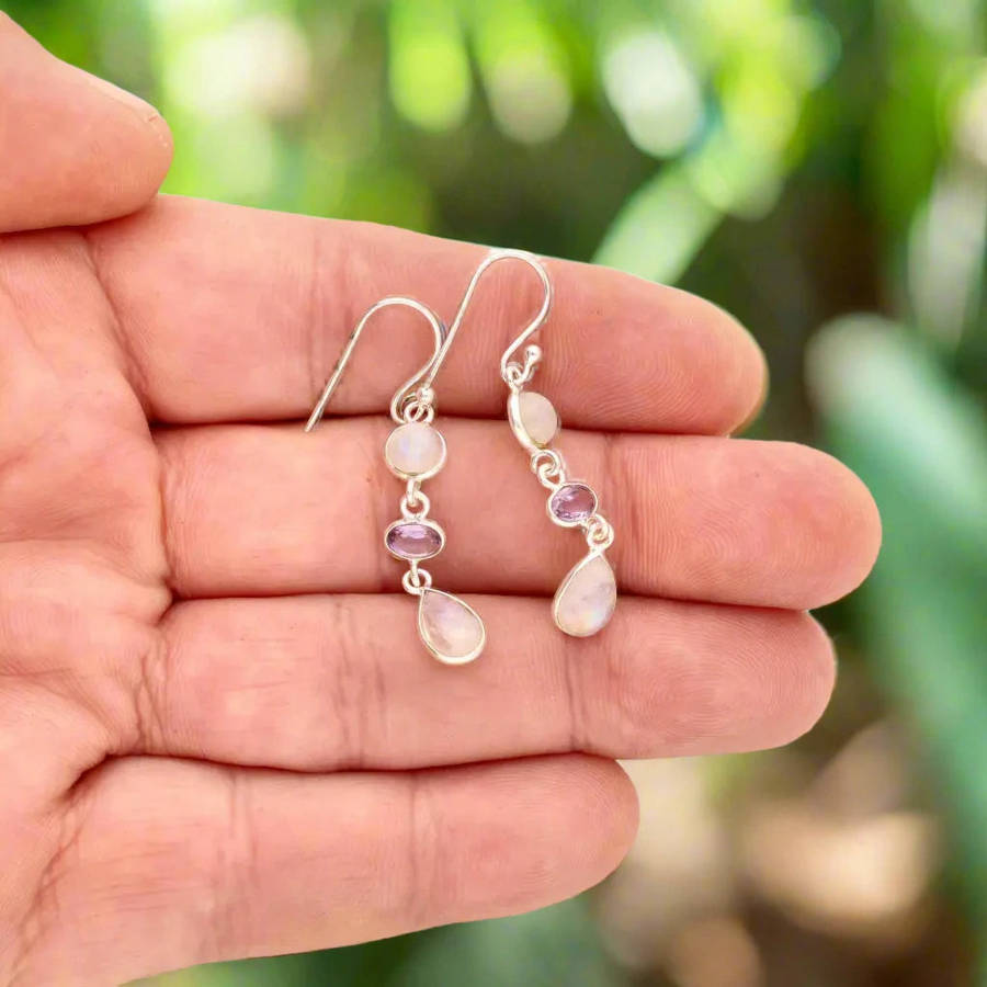 Lunar Trio: Moonstone & Amethyst Silver Earrings