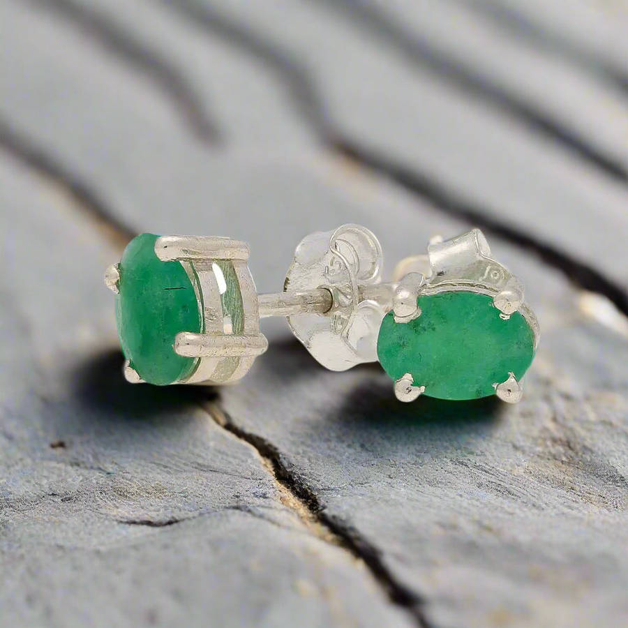 Natural Emerald Sterling Silver Stud Earrings - Timeless Radiance