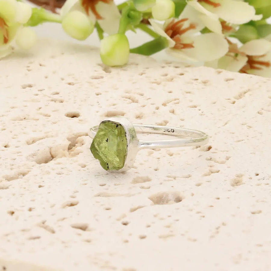 Sterling Silver Natural Rough Peridot Ring