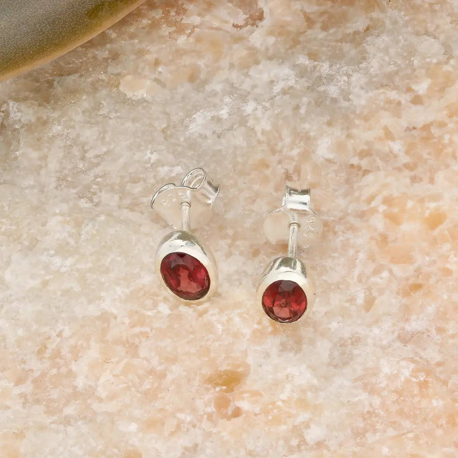 Oval Garnet Sterling Silver Stud Earrings