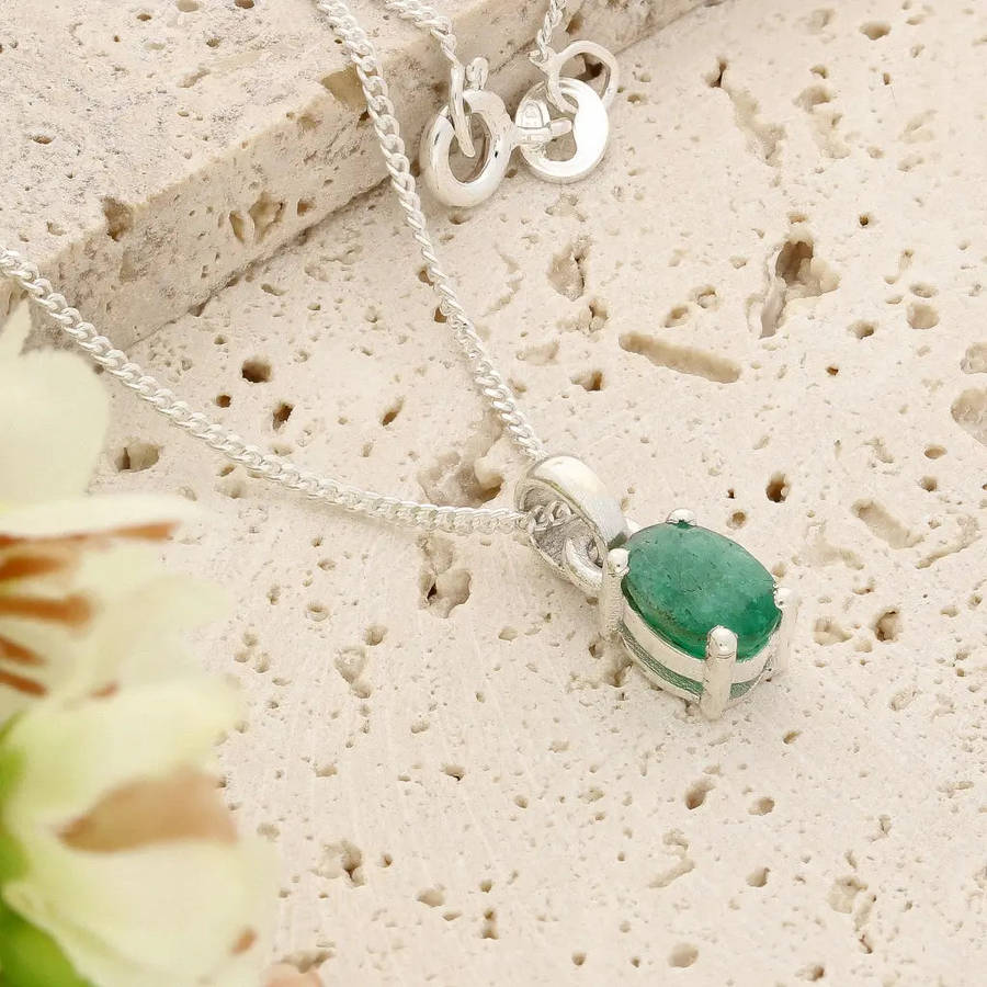 Sterling Silver Emerald Solitaire Necklace