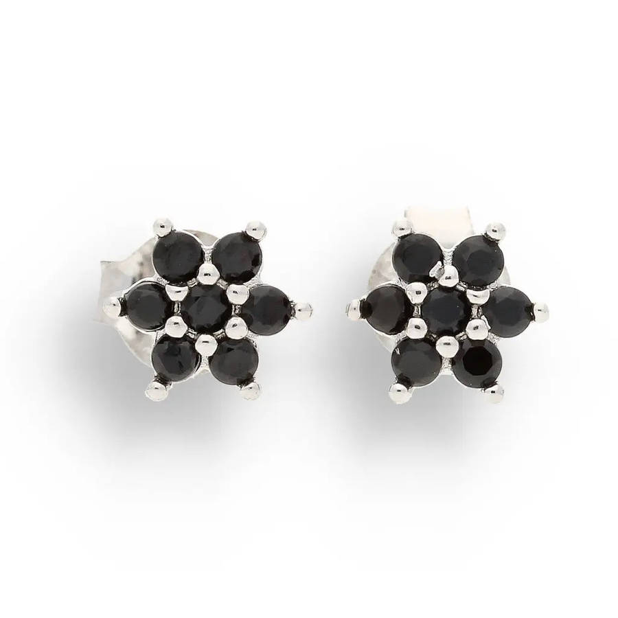 Petite Sterling Silver Black CZ Flower Stud Earrings