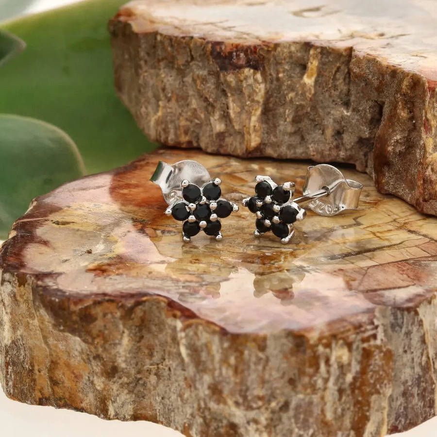 Petite Sterling Silver Black CZ Flower Stud Earrings